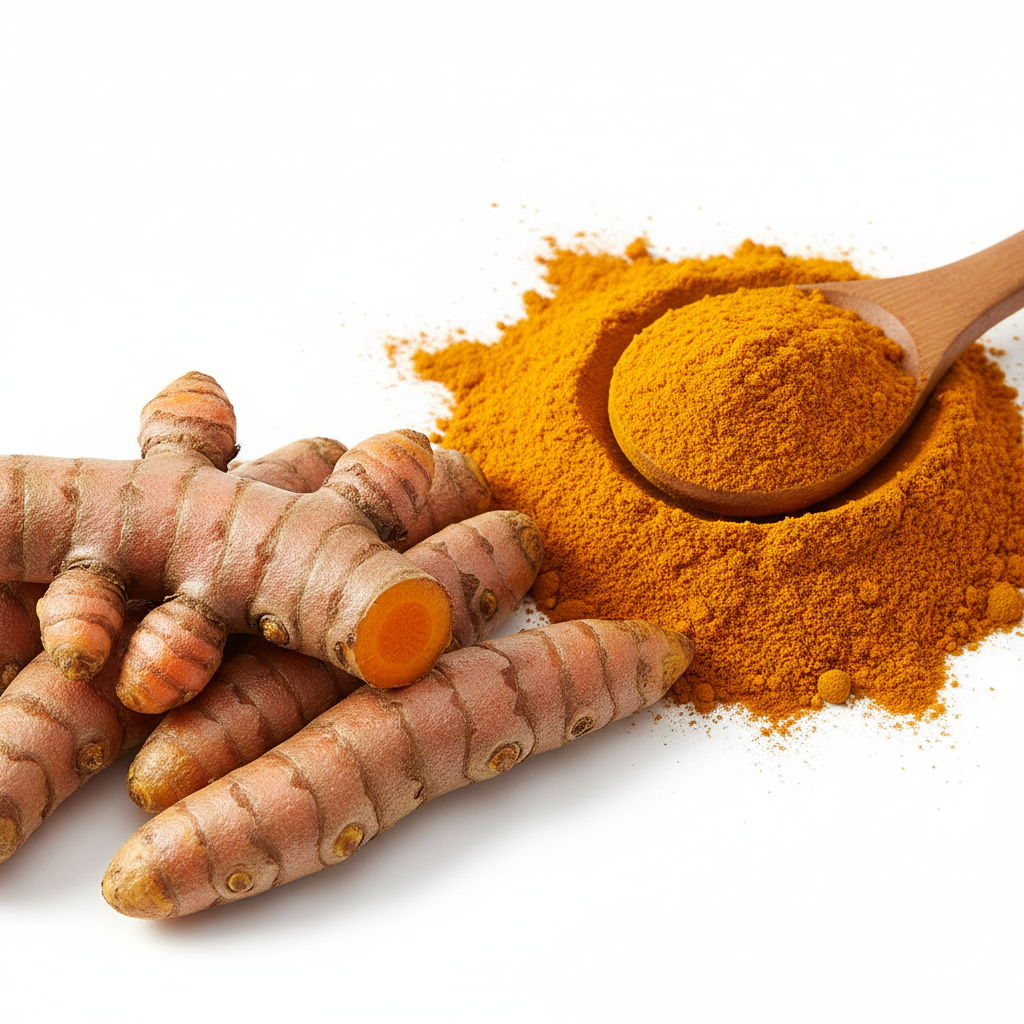 Fresh turmeric roots with golden powder, bright orange turmeric for spice export