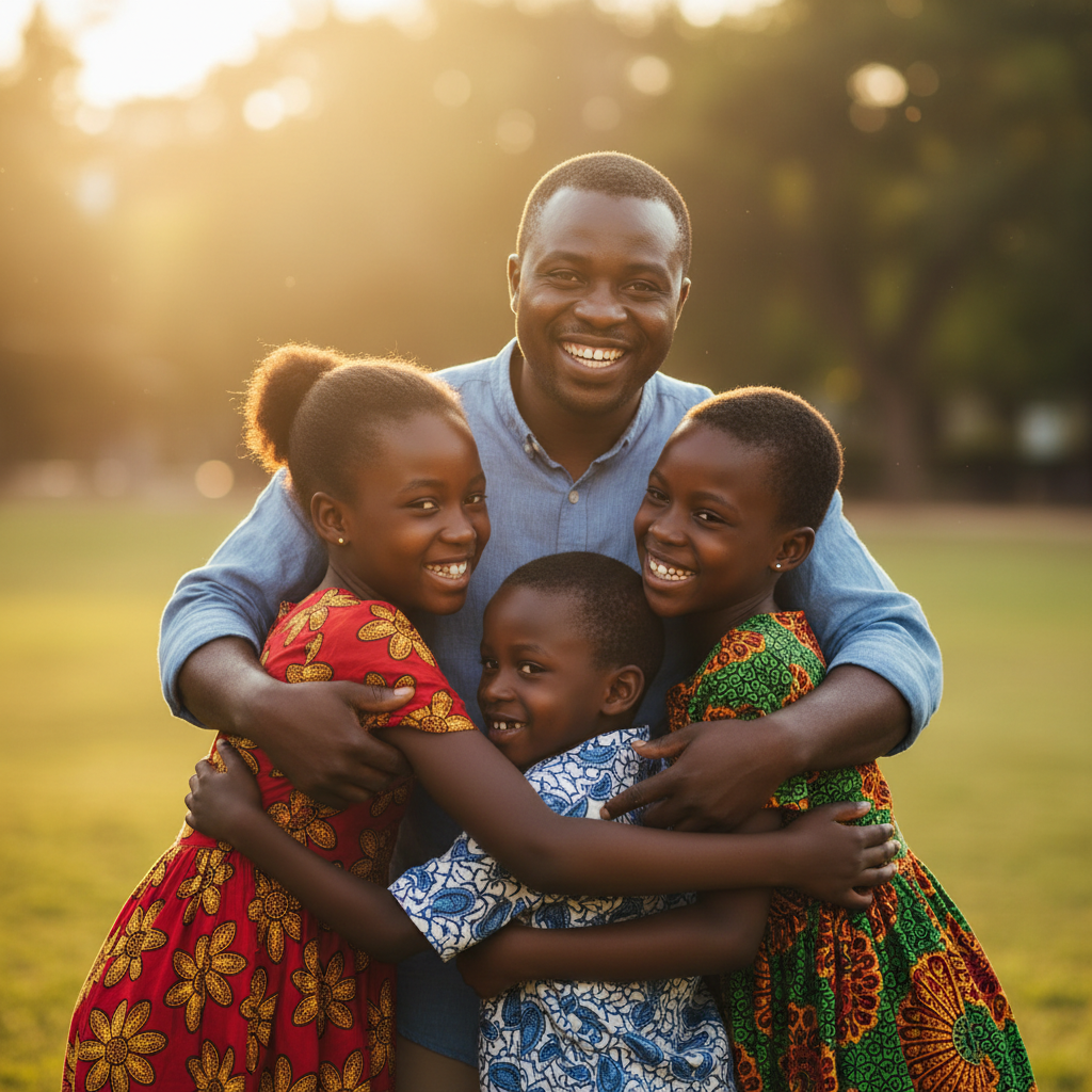 Happy Zimbabwean parent smiling warmly, outdoor bright setting