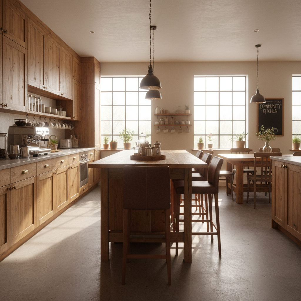 Shared kitchen with warm wood cabinetry, bar stools, and espresso station