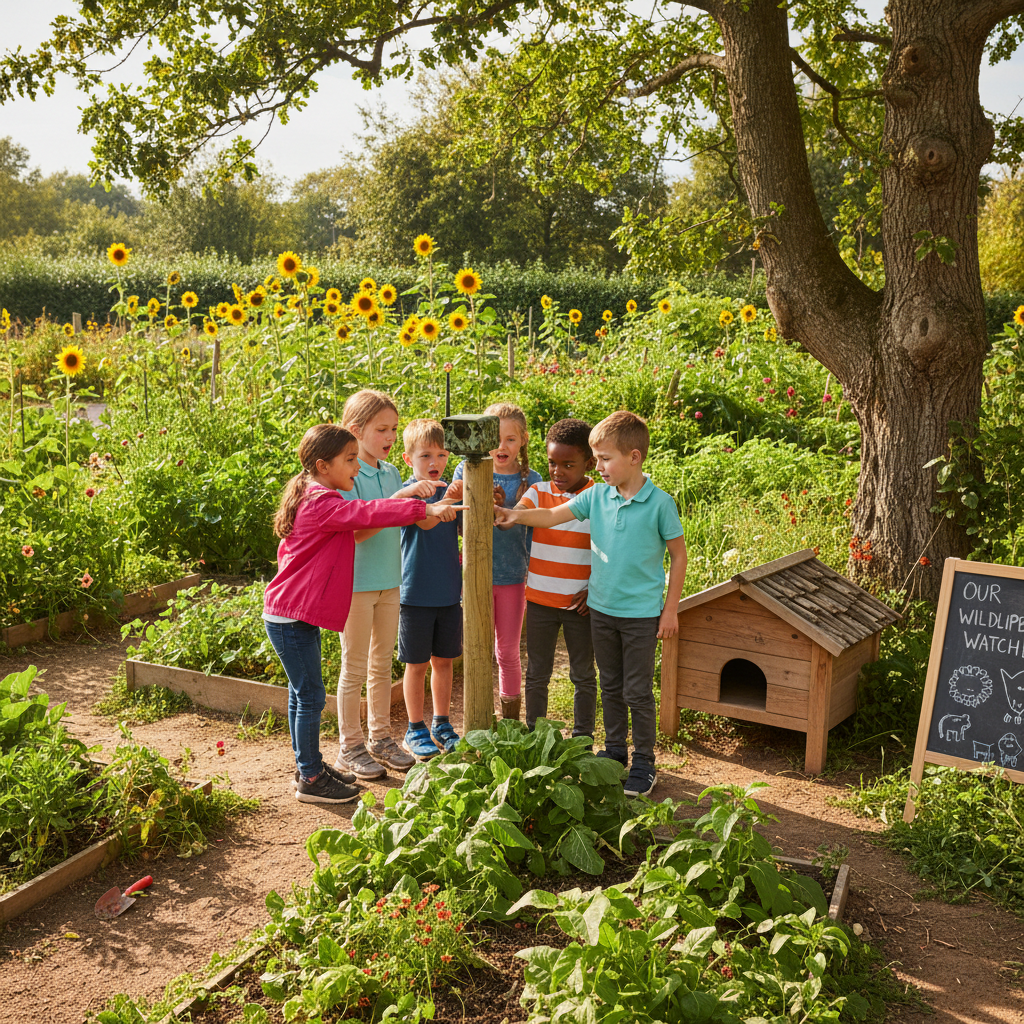 School garden with a hedgehog house and children looking at a wildlife camera mounted on a post