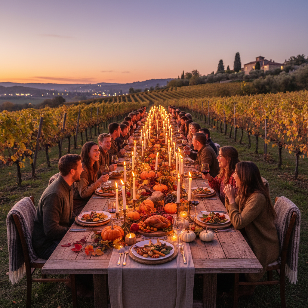 Vineyard harvest dinner in Bordeaux with wine barrels and long table setting
