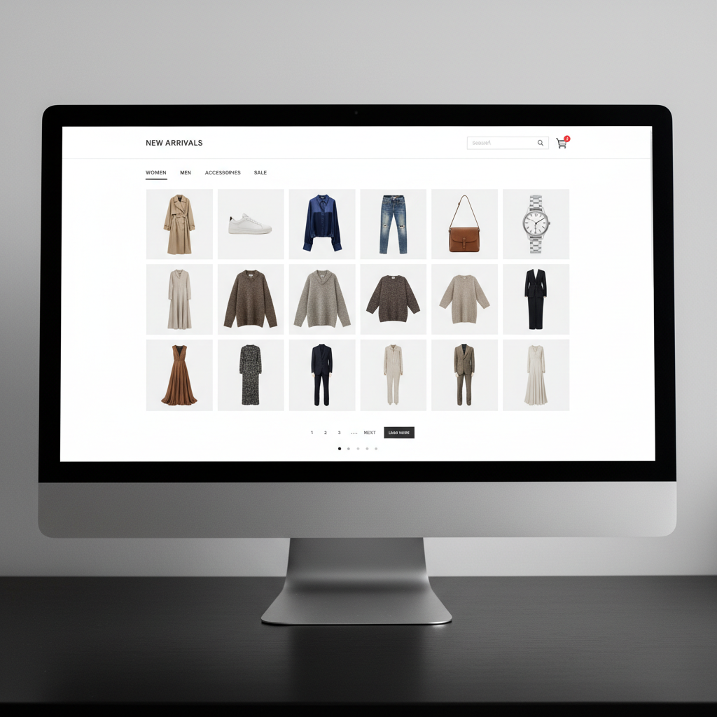 Modern e-commerce website mockup with product grid and shopping cart interface on desktop screen
