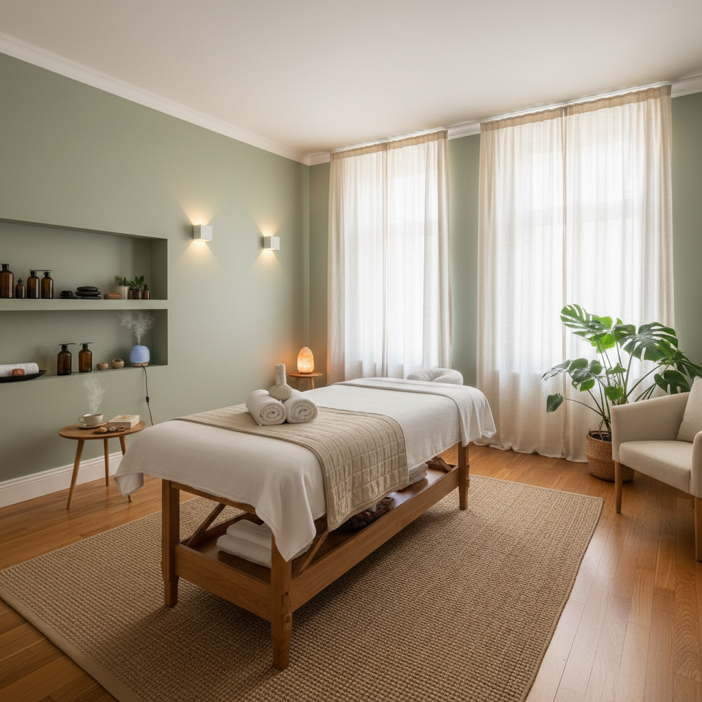 Salle de massage sereine avec un éclairage doux, des draps blancs et des accessoires en bambou