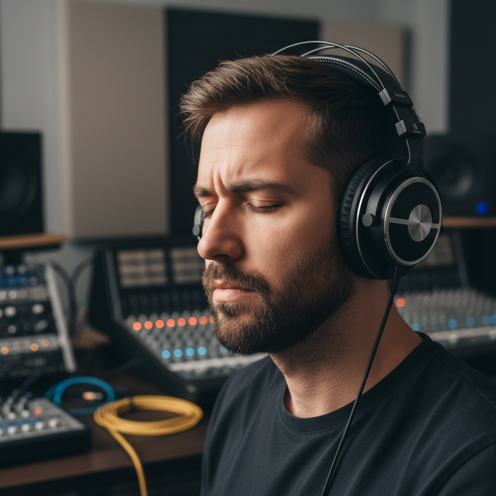 Producer Marcus Webb profile photo, young man with headphones in studio