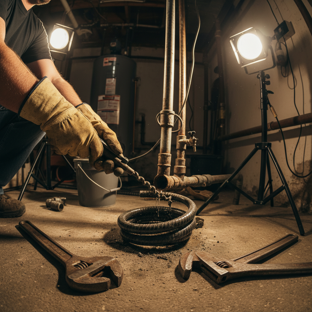 Plumber using professional drain cleaning equipment in a bright well-lit utility room, focused work, clean environment