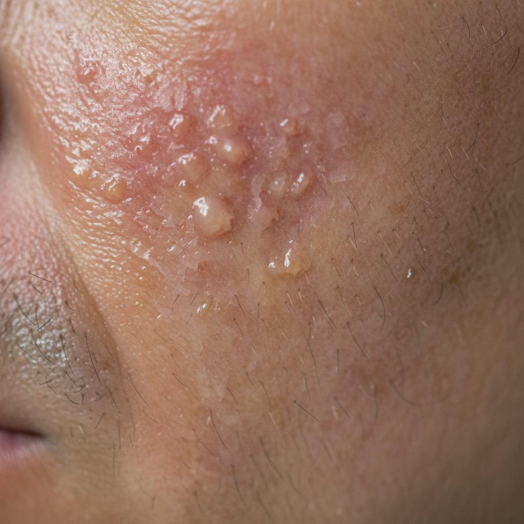 Male skin with disrupted barrier showing oiliness and irritation from harsh cleansers at week one