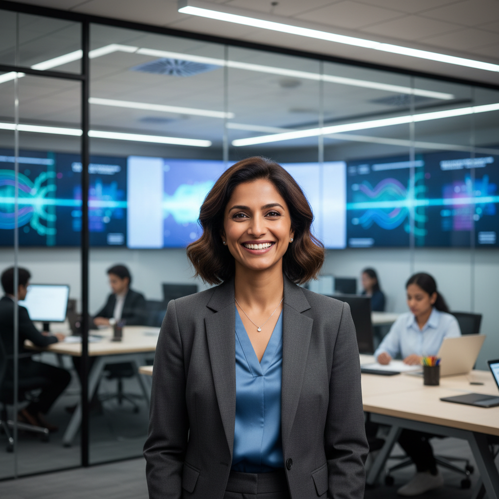 Indian woman entrepreneur with warm smile in professional setting