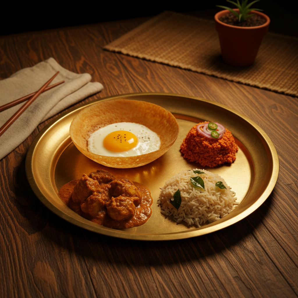 Brass plate with egg hopper, coconut sambol, and curry on a wooden table with warm tungsten lighting