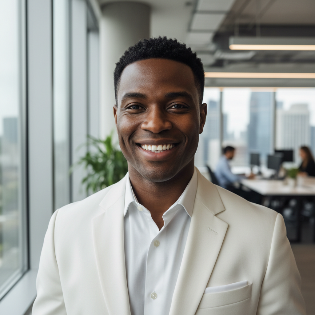 African American man with short hair in gray suit jacket smiling warmly in professional office setting