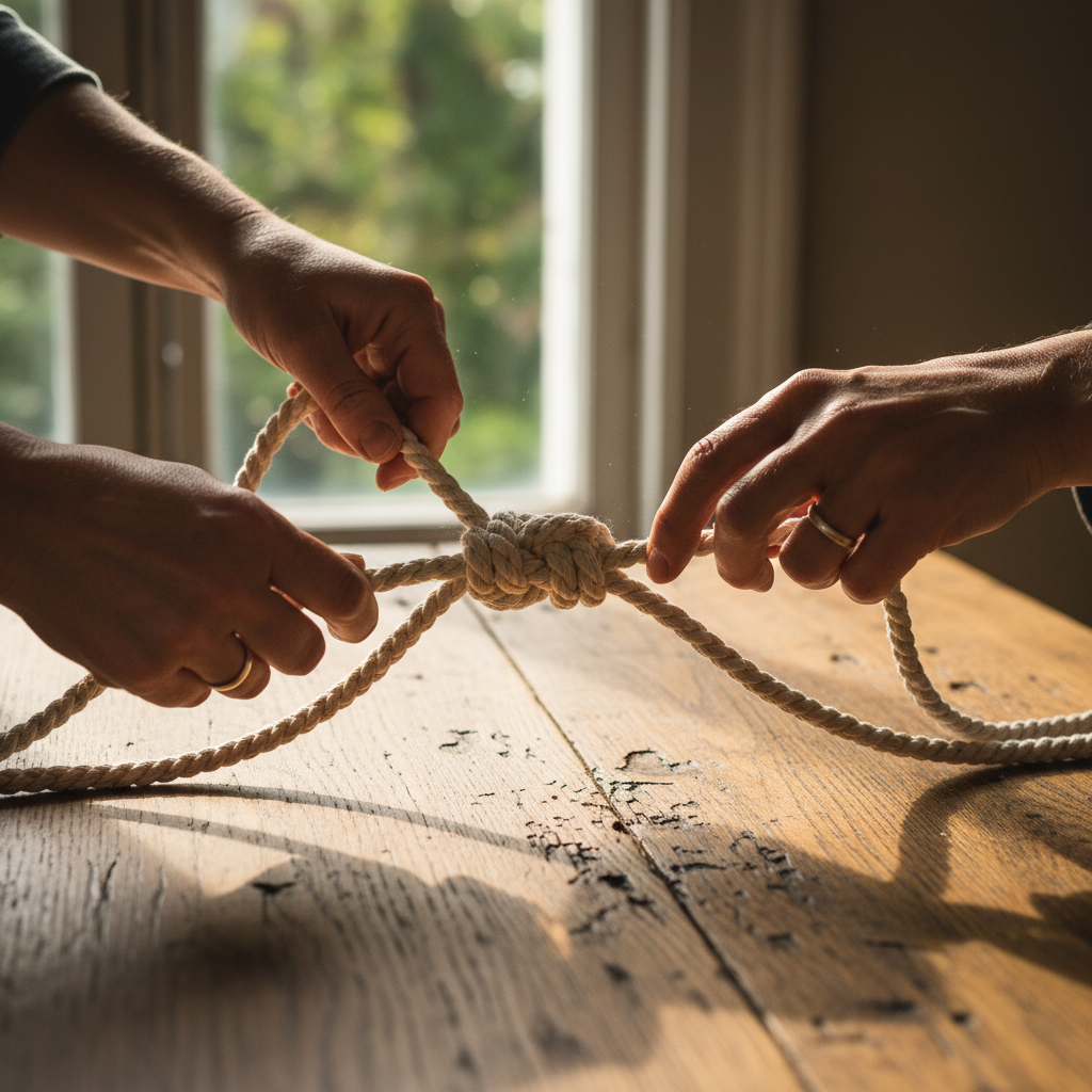 Two pairs of hands mid-knot, cotton cord fanning outward across a scarred oak table with natural window light raking across the fibers