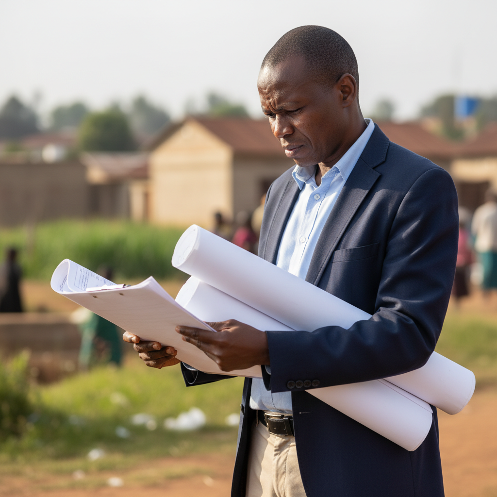 Professional South African man, architectural drawing in background, natural light