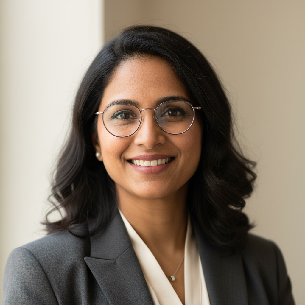 Professional woman with glasses smiling in business attire