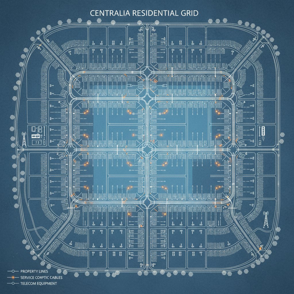 Residential street map with utility infrastructure diagram overlay