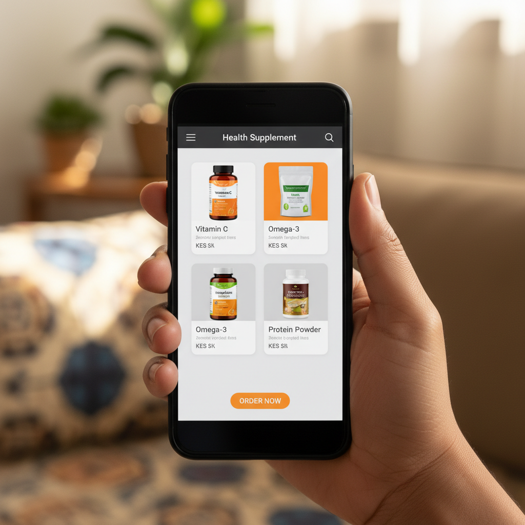 Person using M-Pesa on phone to order health supplements online in Kenya