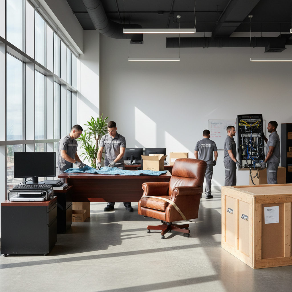 Professional movers carefully packing executive office furniture and equipment