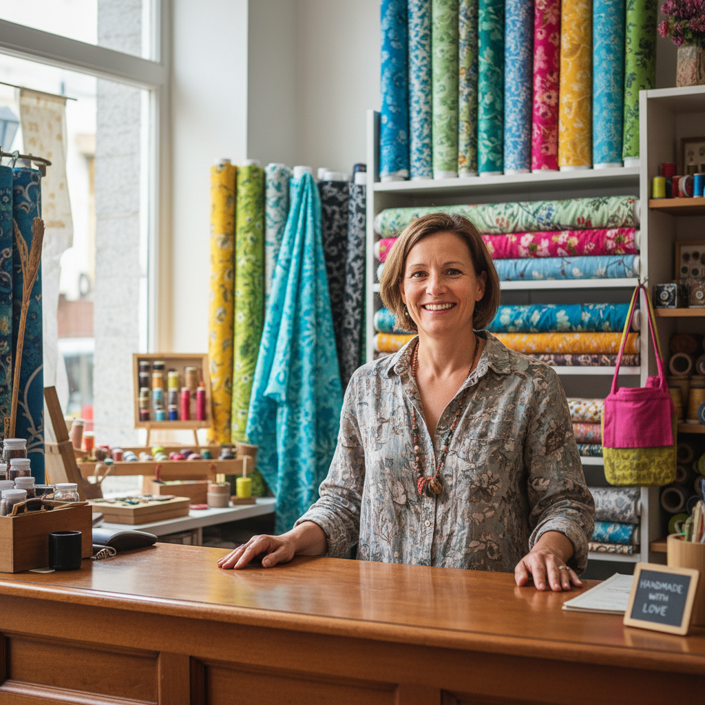 Indian woman boutique owner smiling in shop, warm interior lighting