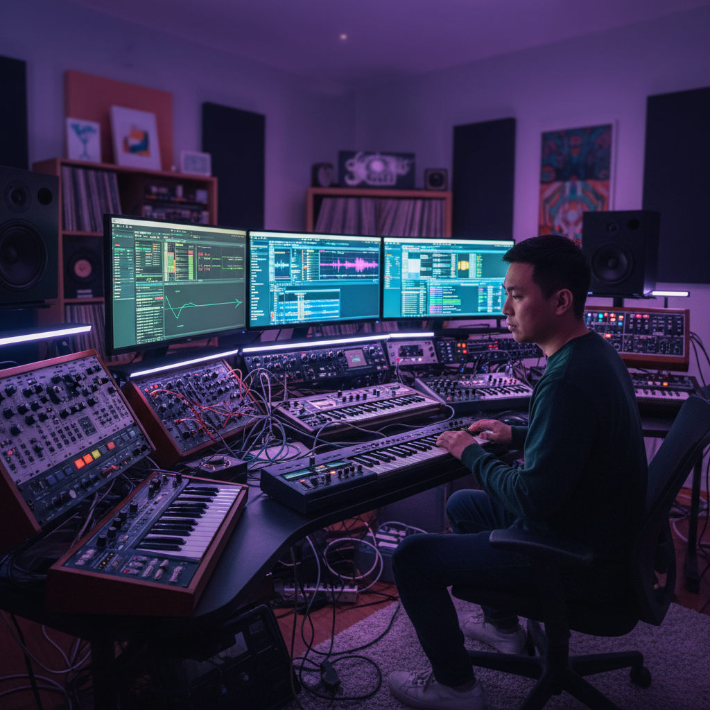 Yuki Tanaka, Japanese electronic music producer at synthesizer workstation