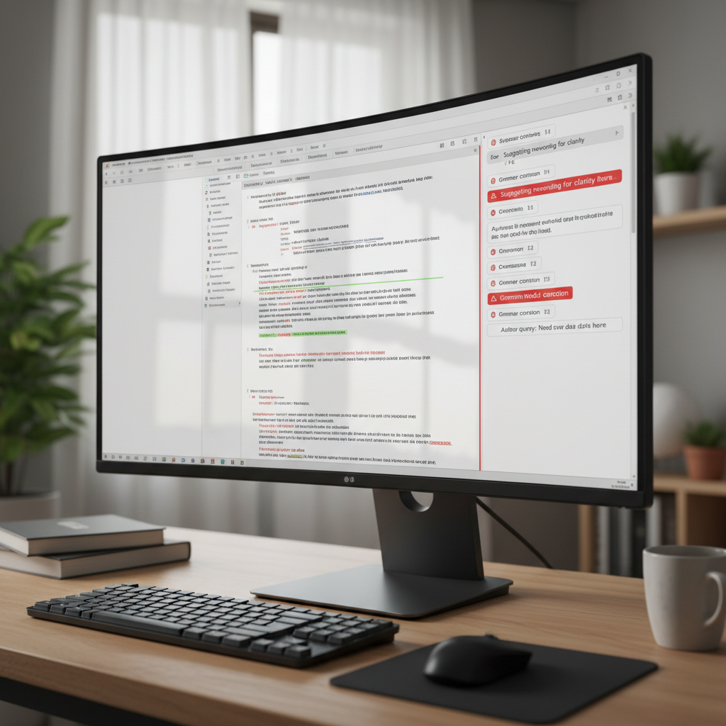 Computer screen showing document editor with tracked changes and comments visible