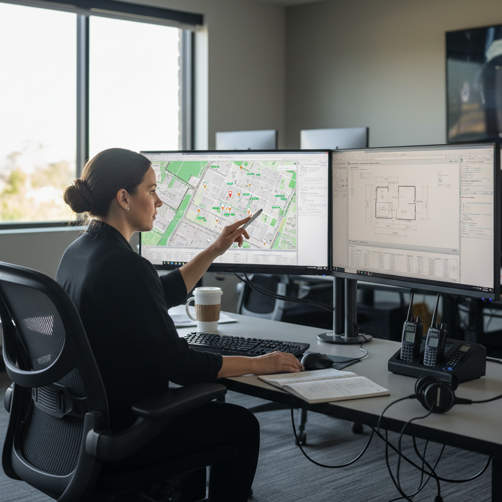 Dispatcher at workstation confirming site address and construction details on dual monitors