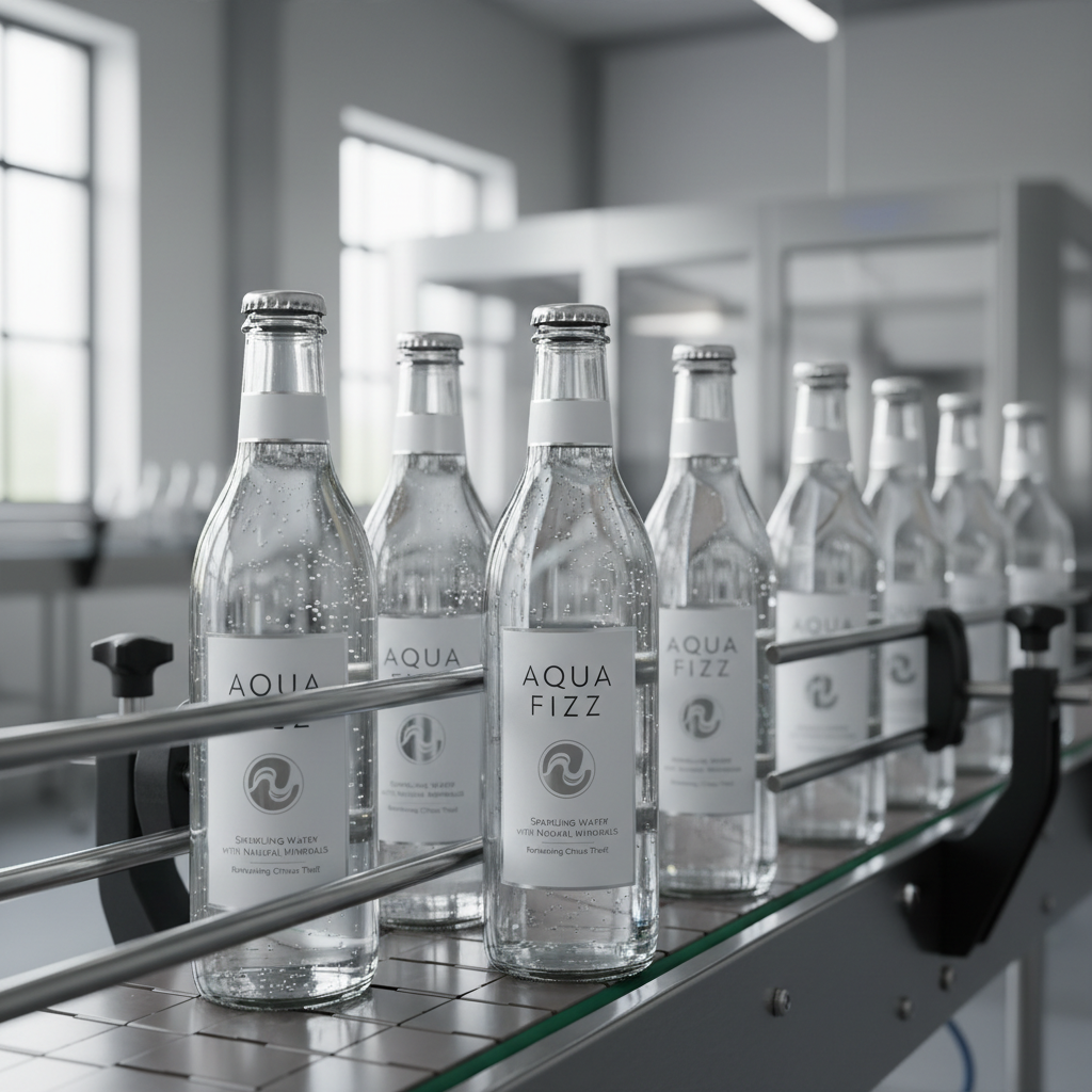 Retail-ready sparkling water bottles with clean labels on production line conveyor