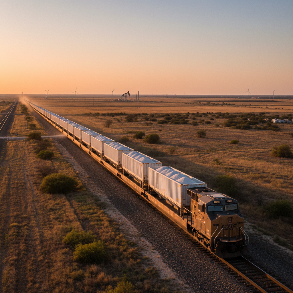 Long freight train loaded with white sand containers moving through flat Texas landscape at sunset