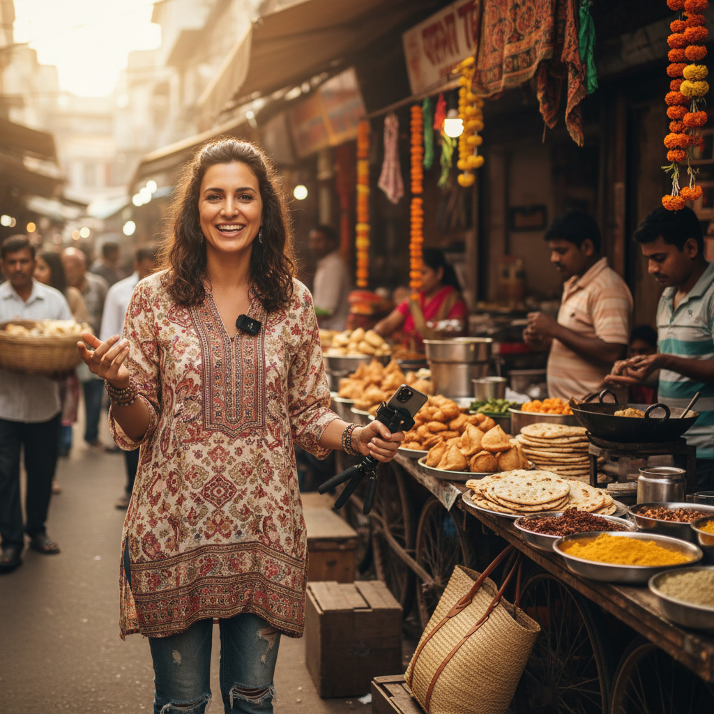 Priya Mehta street food correspondent, young Indian woman with warm smile, outdoor natural light