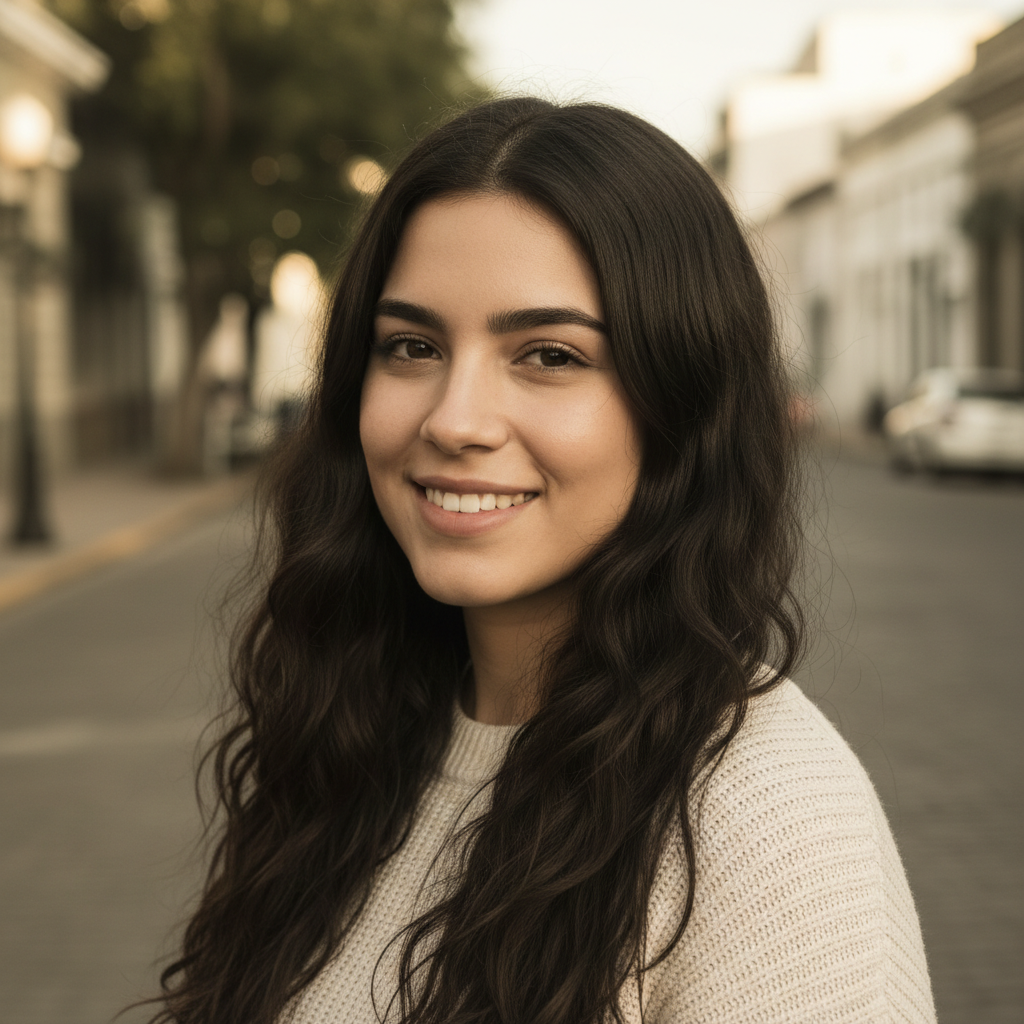 Young Colombian woman with warm smile, casual elegant style, bright natural daylight portrait