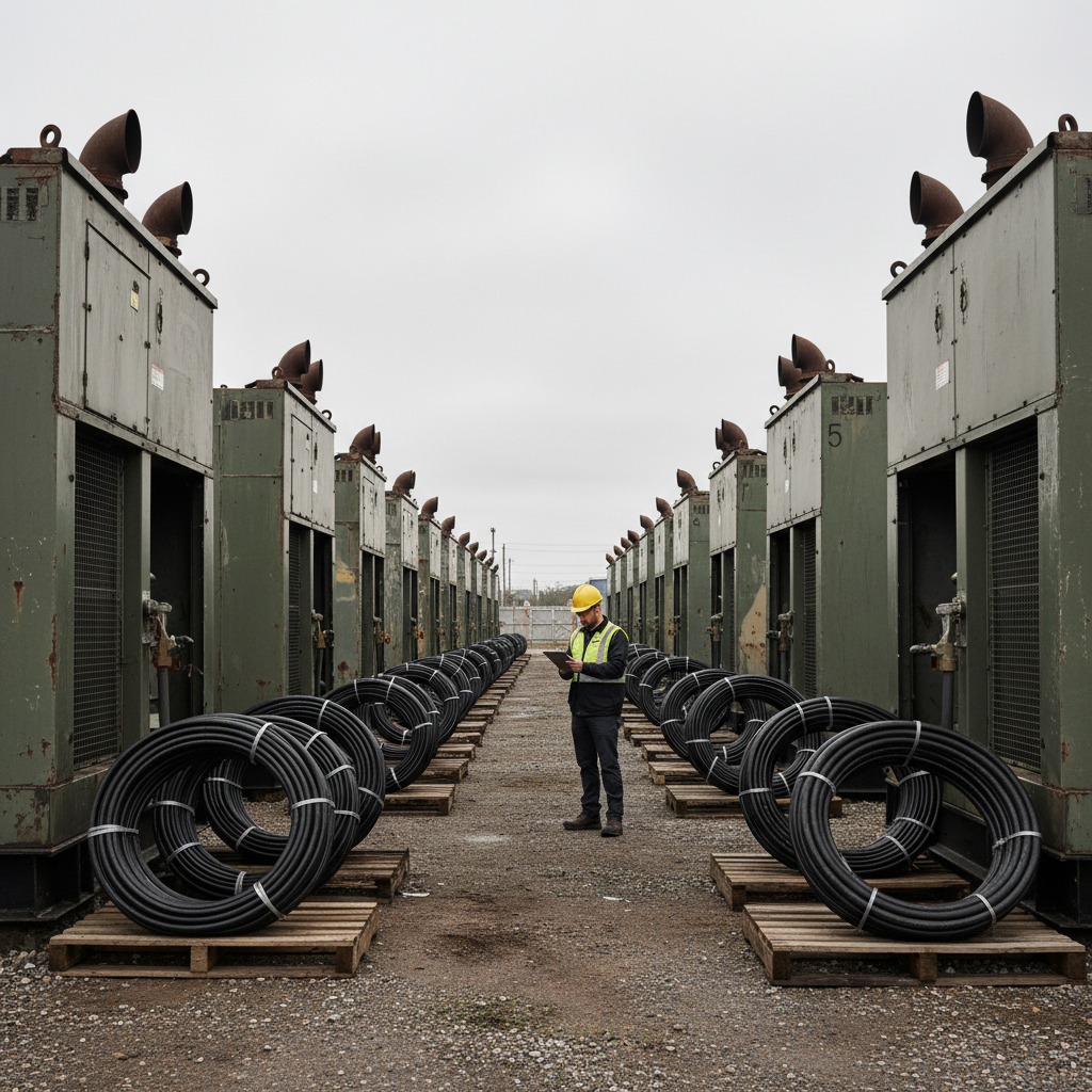 Rows of industrial diesel generators in a staging yard under overcast sky, power cables coiled on pallets with a technician in a hard hat checking a clipboard