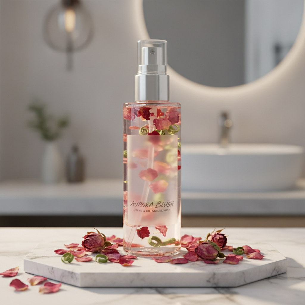 Pink rose water mist bottle surrounded by fresh rose petals on light stone surface — soft pink tones, airy natural light