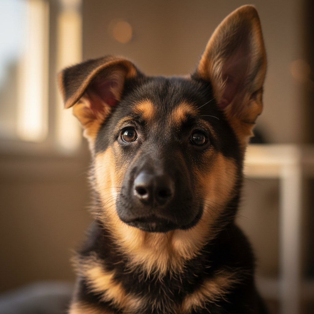 Black and red German Shepherd puppy Remy close up portrait warm light
