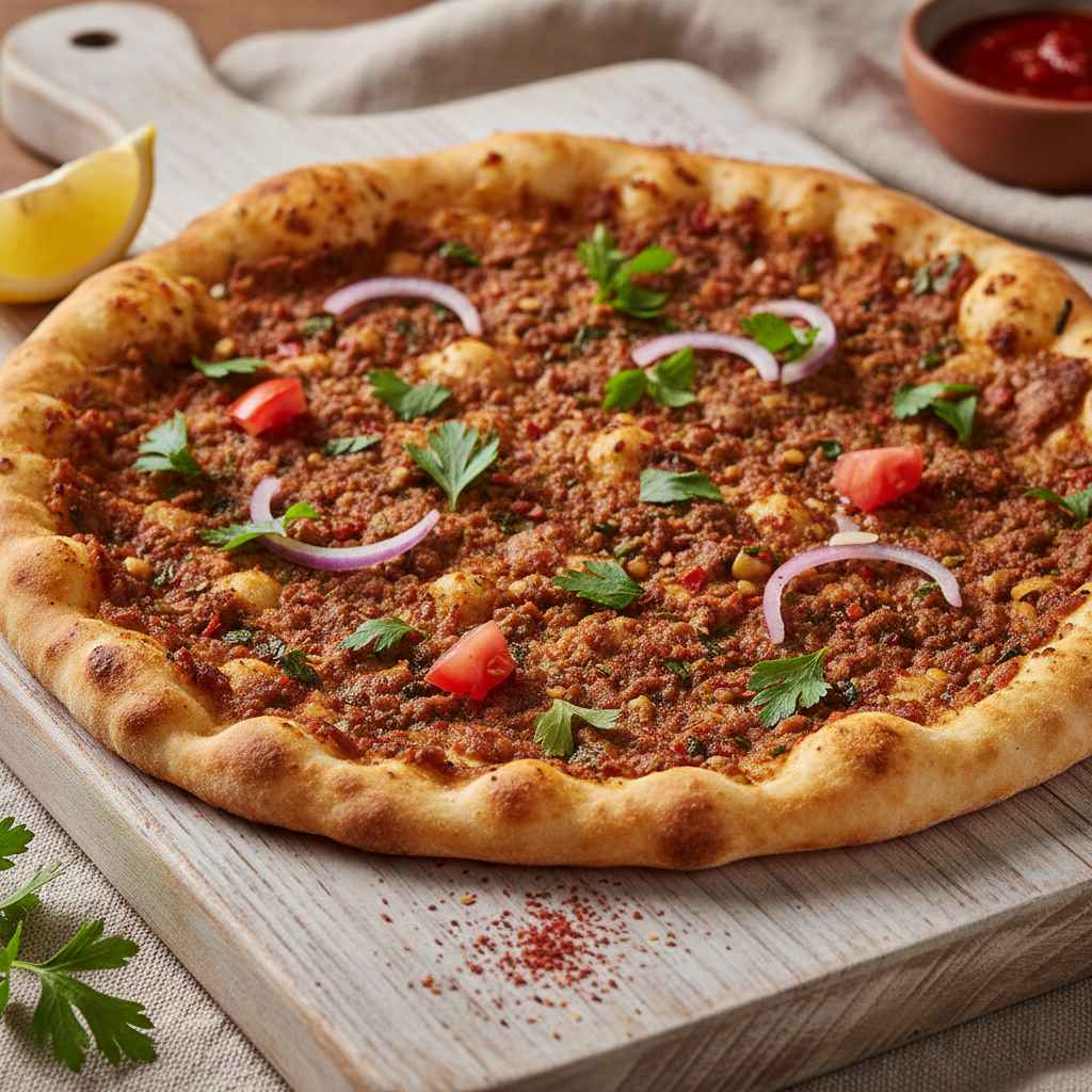 Crispy lahmacun flatbread topped with spiced minced meat and fresh herbs