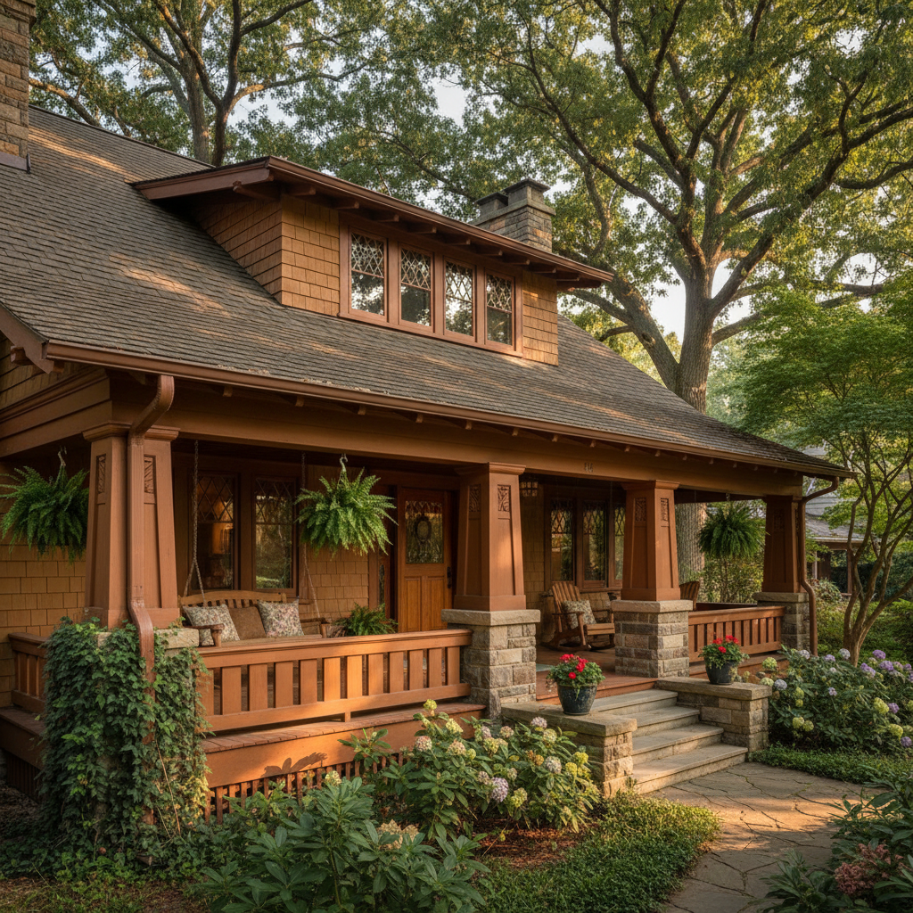 A warm craftsman home with a wraparound porch in a tree-lined American neighborhood