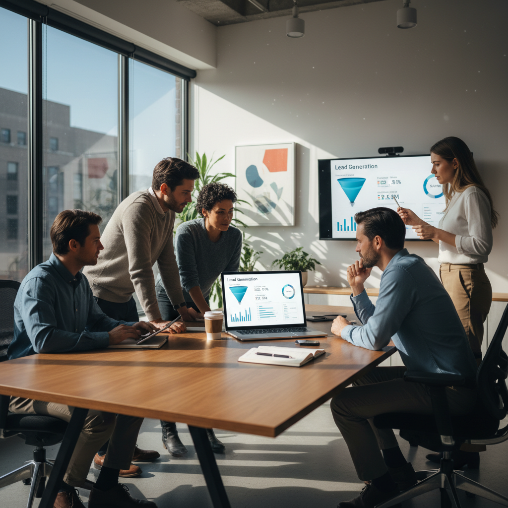 Marketing professional reviewing lead capture analytics on laptop in modern workspace