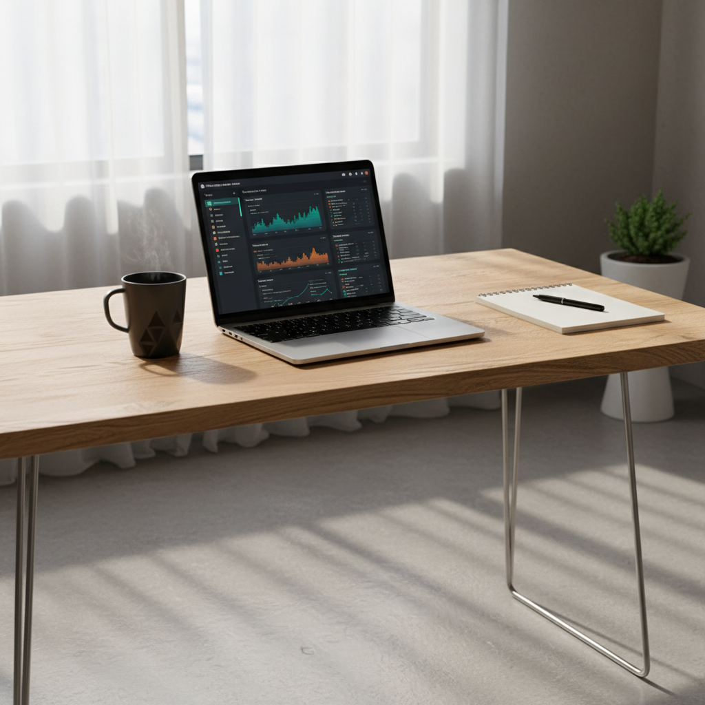 Person working at bright desk composing email on laptop, natural daylight from window, minimal workspace