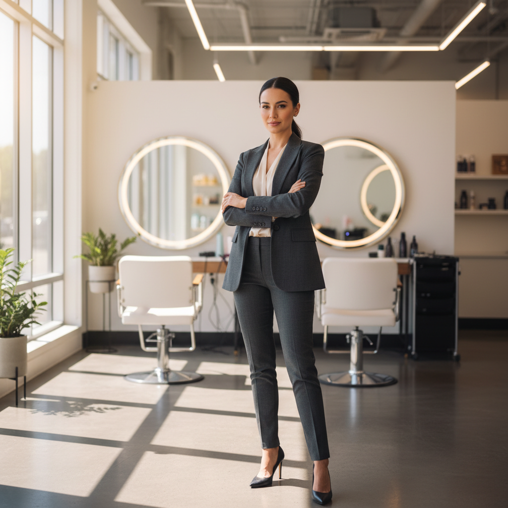 Carla Mendez, salon owner in professional attire