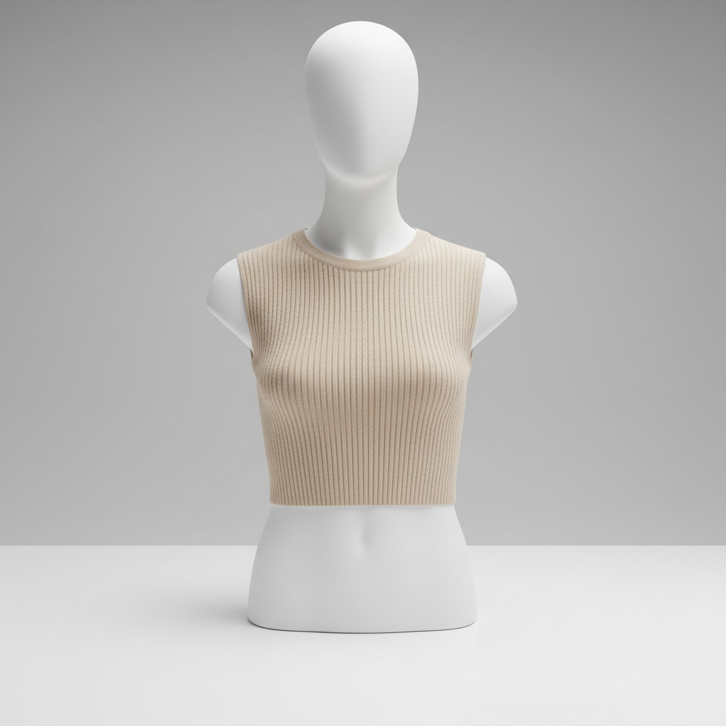 White ribbed knit top on a model against neutral background