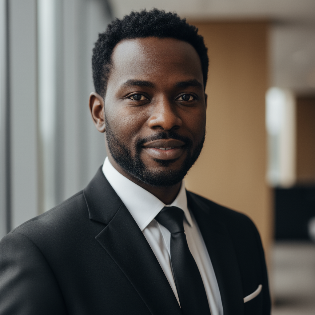 Professional portrait of a Nigerian man in formal attire, confident expression, neutral background