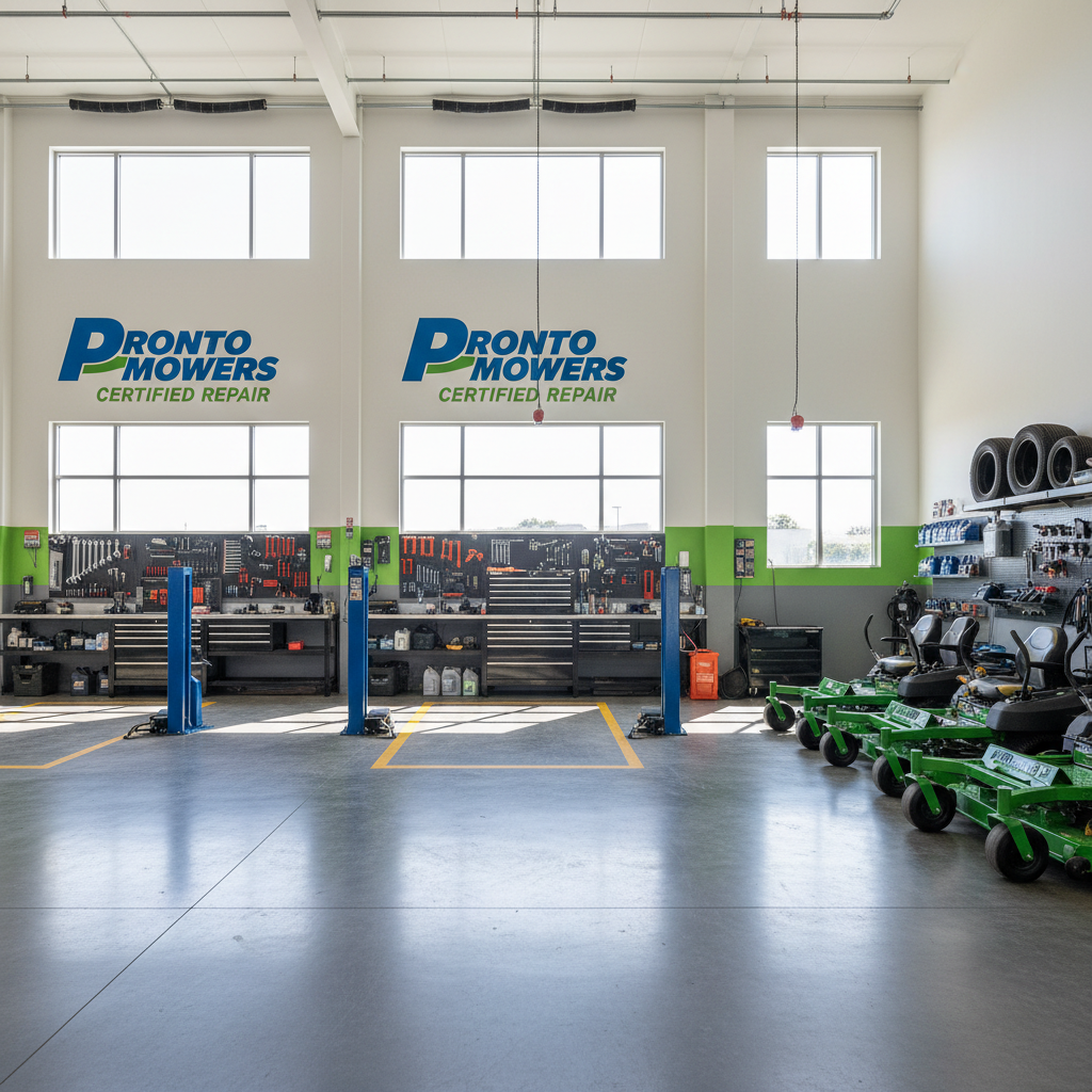 Clean repair workshop with tools organized on wall, certified technician ready to service mowers