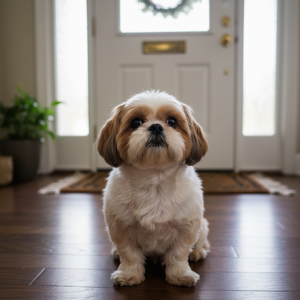 White and tan Shih Tzu sitting calmly at a front door, looking up attentively