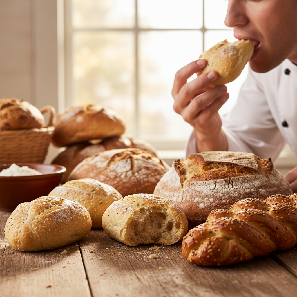 Frische Brötchen und Backwaren auf einem Holzbrett – Qualitätskontrolle durch Verkosten
