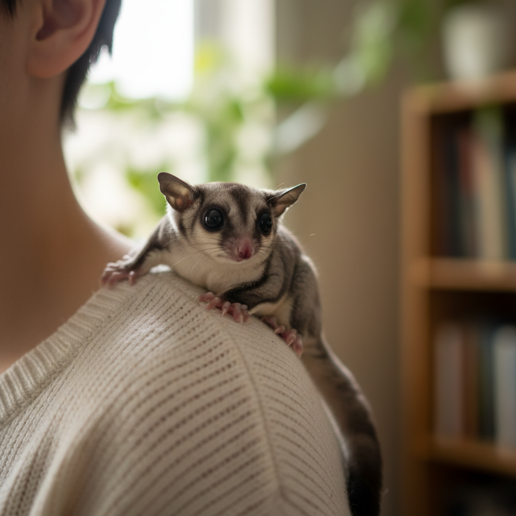 A small sugar glider perched confidently on a person's shoulder, looking alert and comfortable, showing clear signs of bonding and trust with its human
