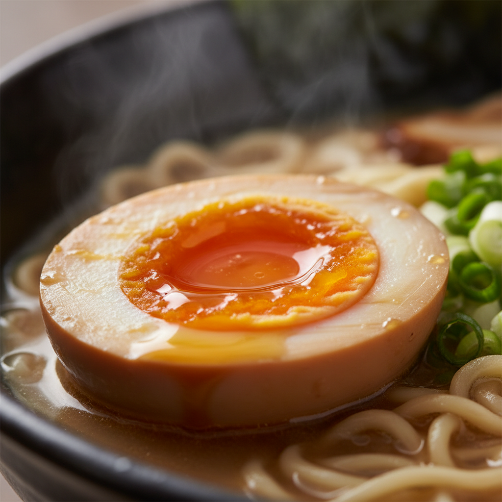 Halved soft-boiled ramen egg showing perfectly jammy golden yolk, glistening with soy marinade