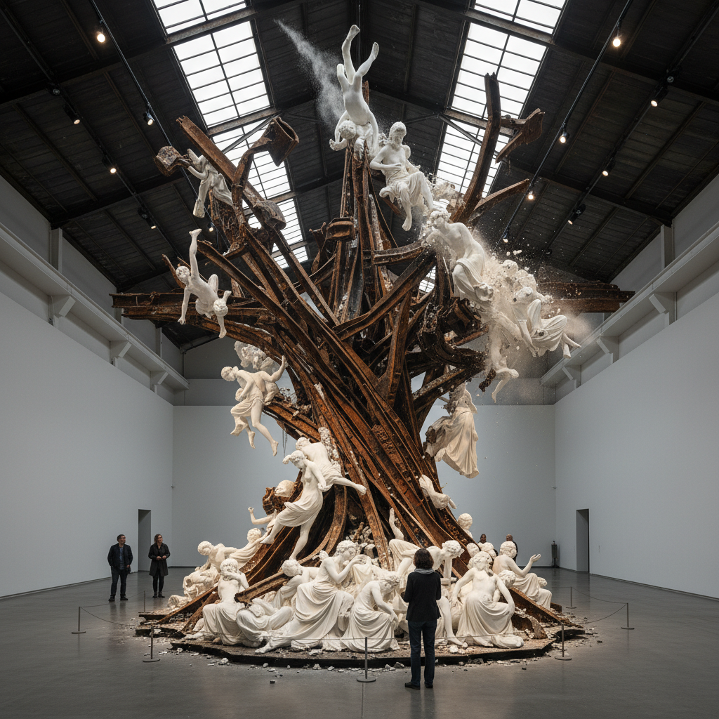 Large mixed-media installation sculpture combining rusted steel armature and white plaster cast figures