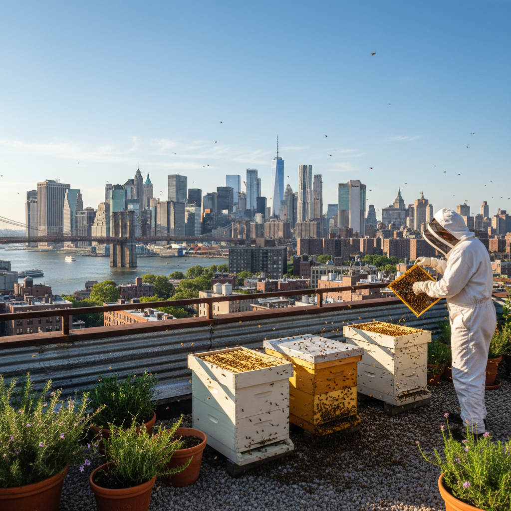 NYC rooftop with beehives installed, clear blue sky, urban skyline in background, warm golden afternoon light