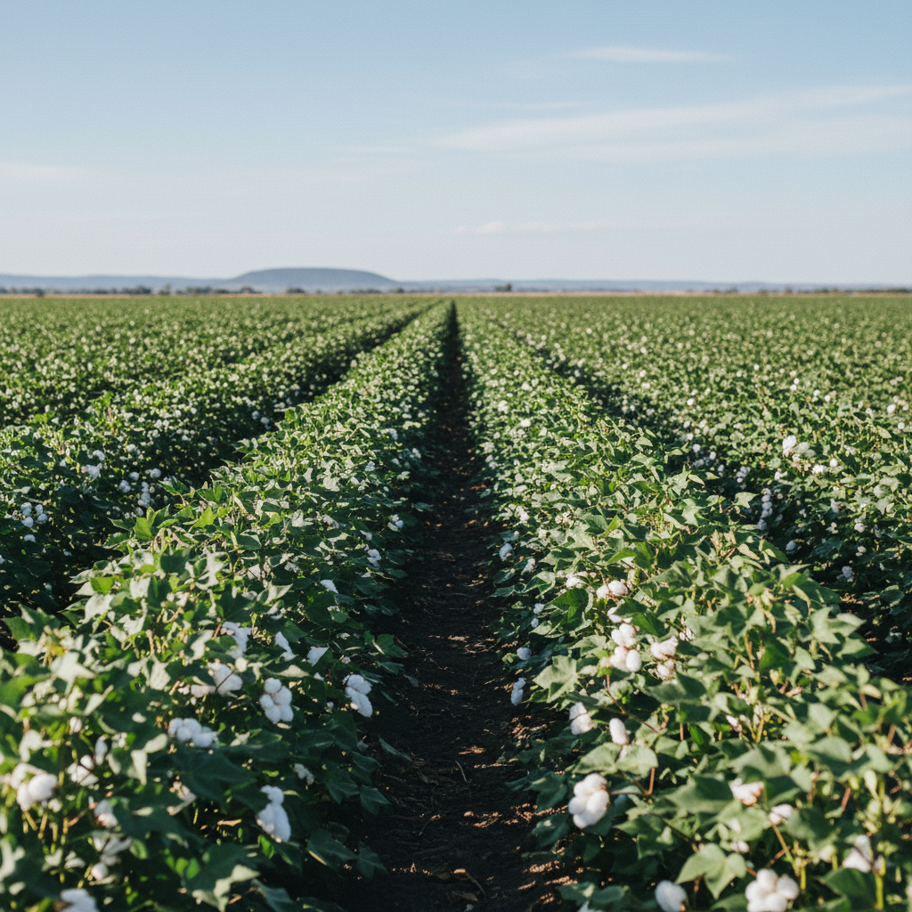 Expansive bright cotton field under clear blue sky with rows of white cotton plants ready for harvest in warm sunlight