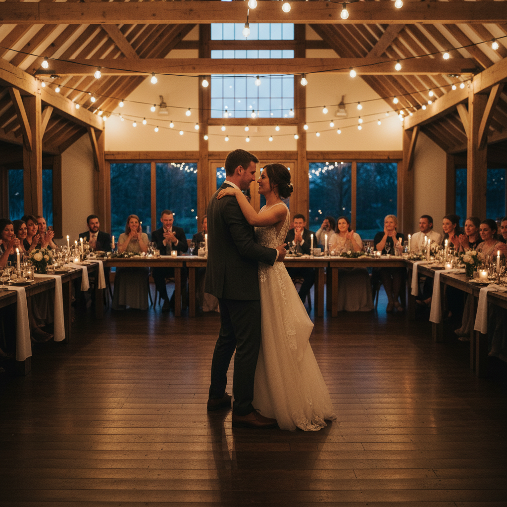 Couple's first dance under warm string lights
