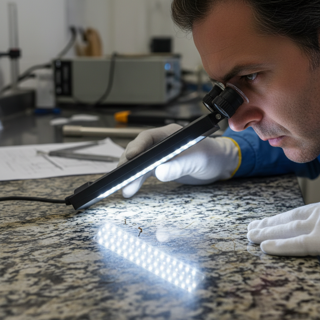 Quality inspector examining stone surface under bright inspection lighting