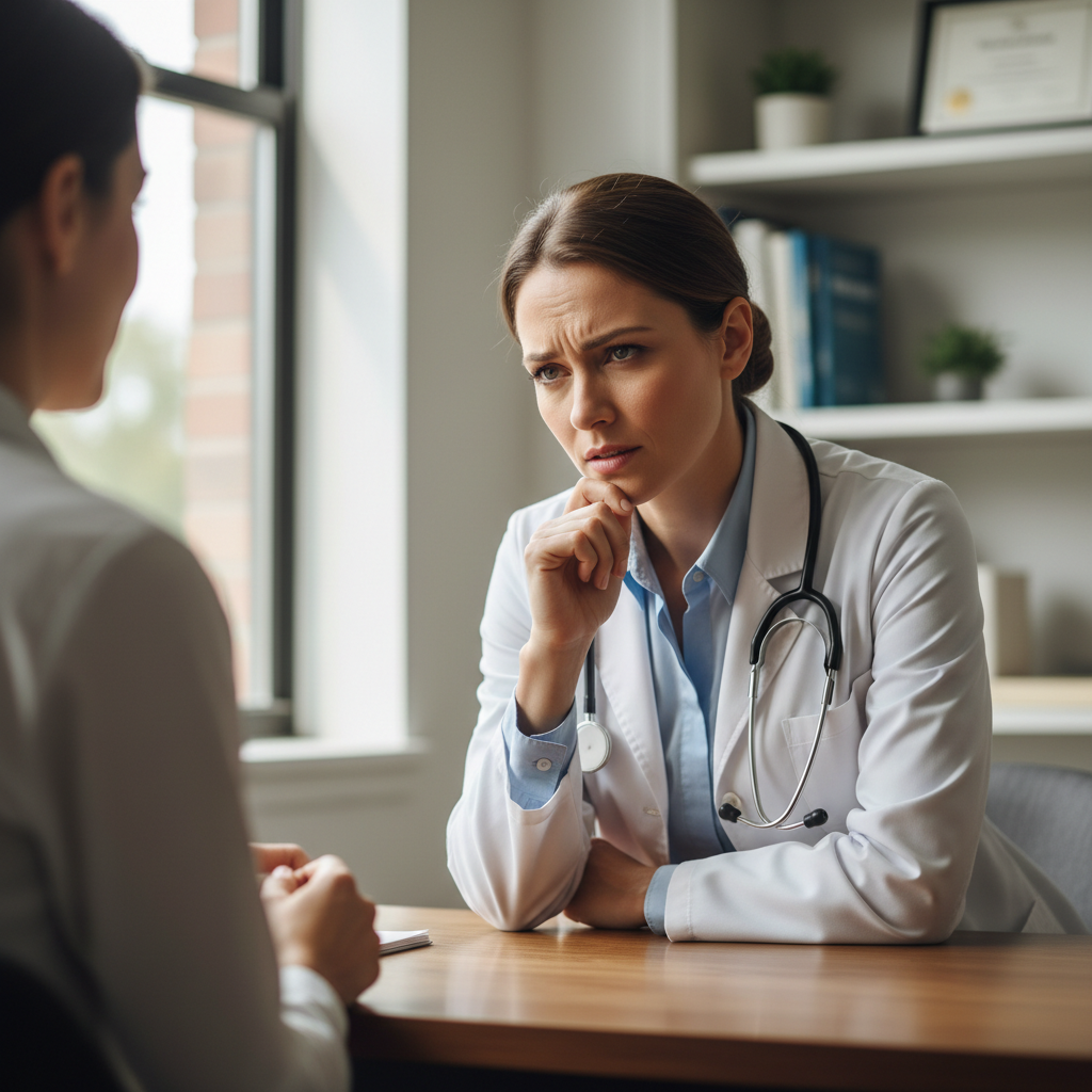 A physician leaning slightly forward across a desk, listening attentively to a patient during a consultation