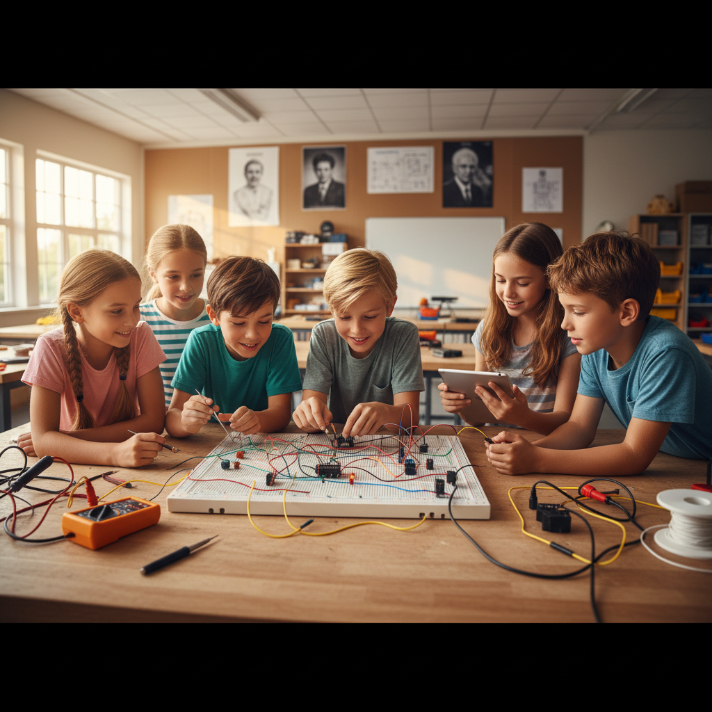 Group of kids gathered around a breadboard in warm classroom light