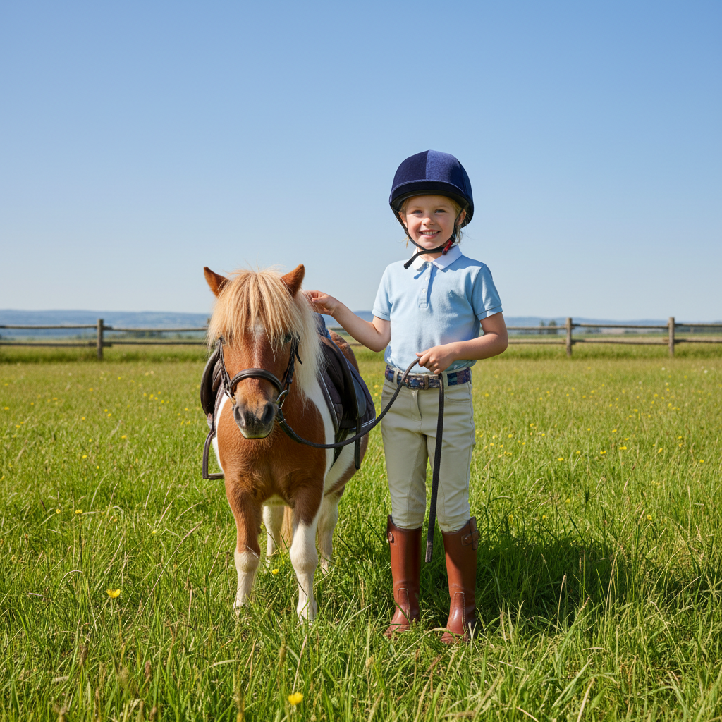 Child in full riding gear — helmet, jodhpurs, and paddock boots — standing next to a pony in a sunny paddock